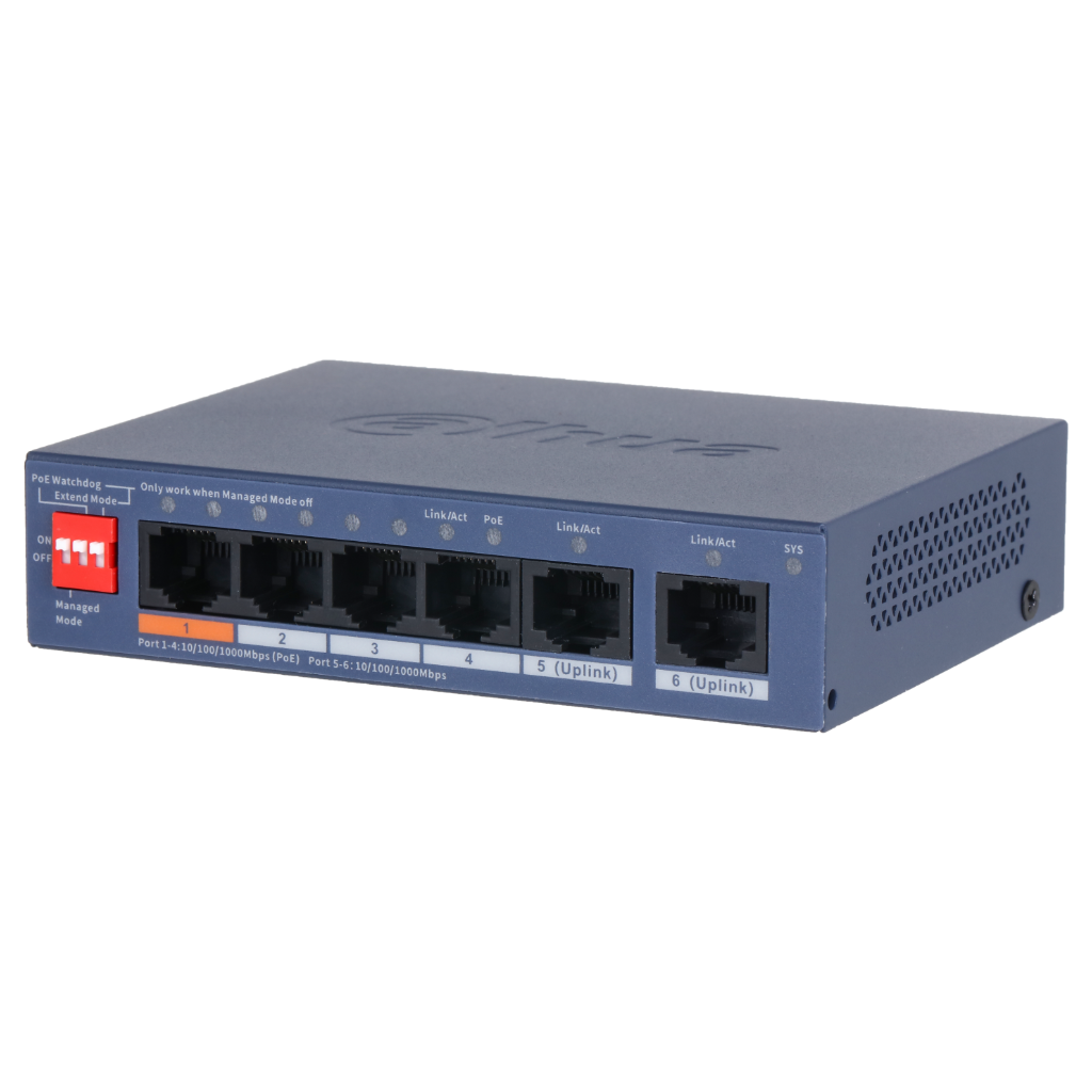 DahuaSwitch PoE 4 puertos Gigabit + 2RJ45 Uplink Gigabit 60W Gestionable en Cloud Layer2