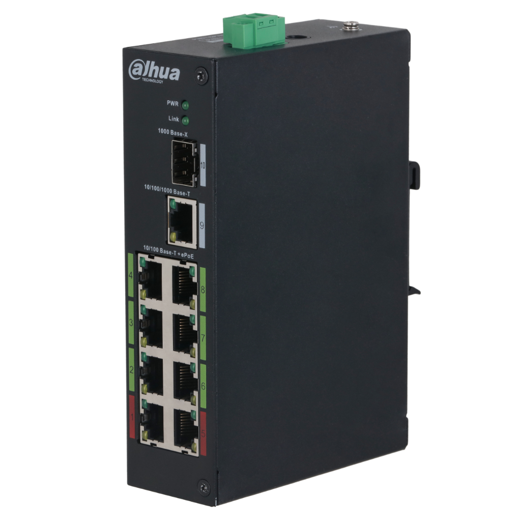 DahuaSwitch Rango Temp Extendida ePoE 8 puertos 10/100 + 1RJ45 Uplink Gigabit + 1SFP Gigabit 120W No_Gestionable Layer 2