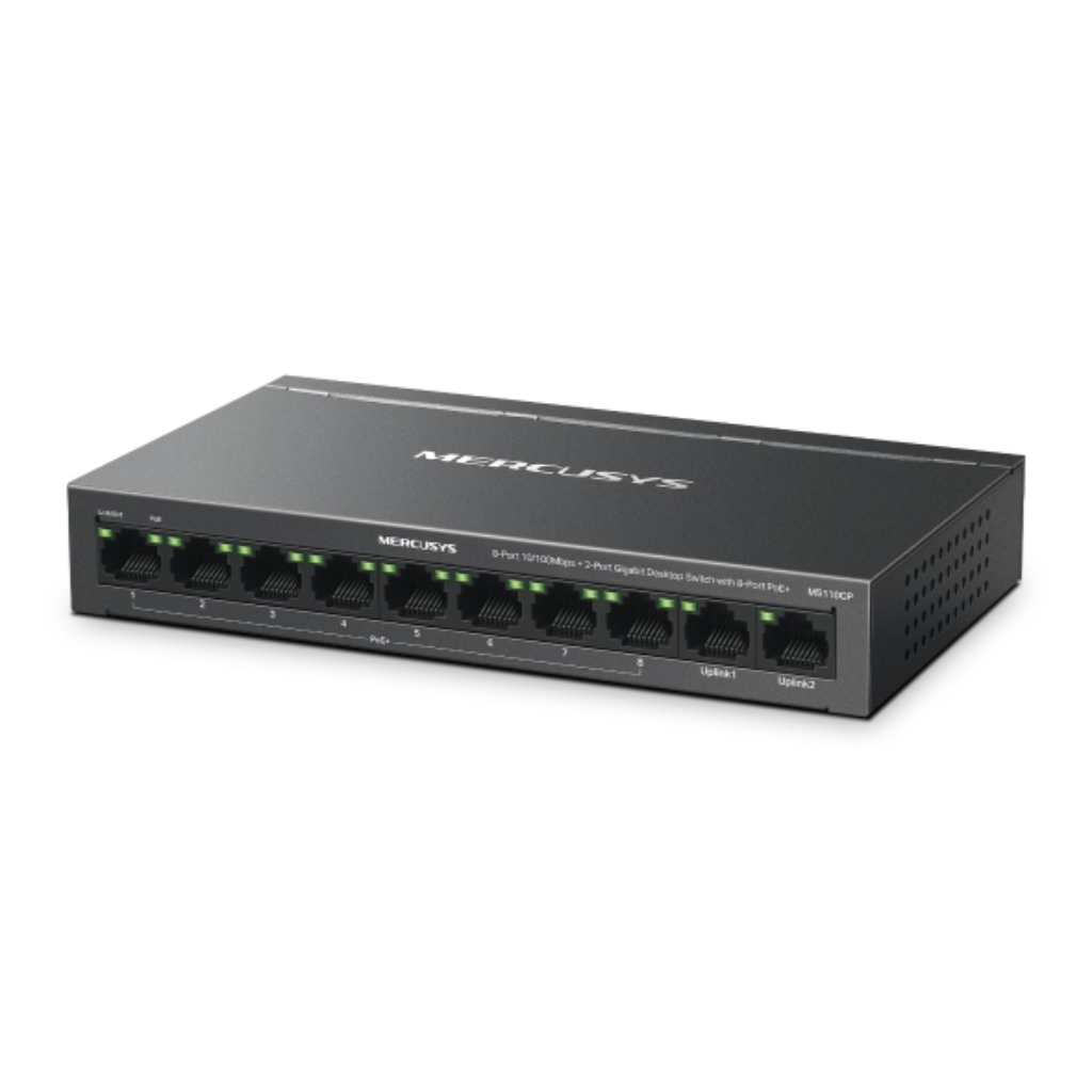 TP-LinkSwitch Mercusys 8 puertos 10/100 Mbps + 2 puertos Gigabit con 8 puertos PoE+